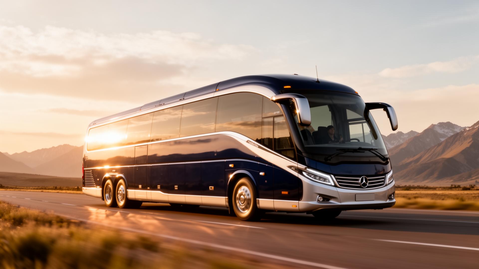 Luxury touring coach on a scenic road at golden hour