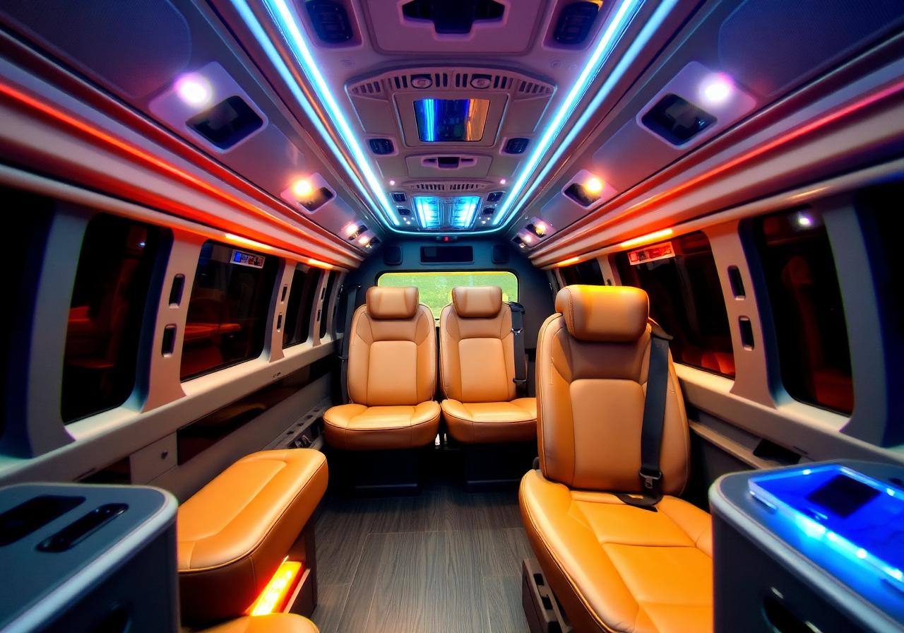 Modern minibus interior with leather seats
